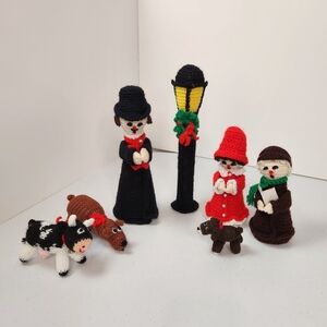 Vintage Crochet Christmas Choir Decorations Home Decor Handmade Knit People Dog